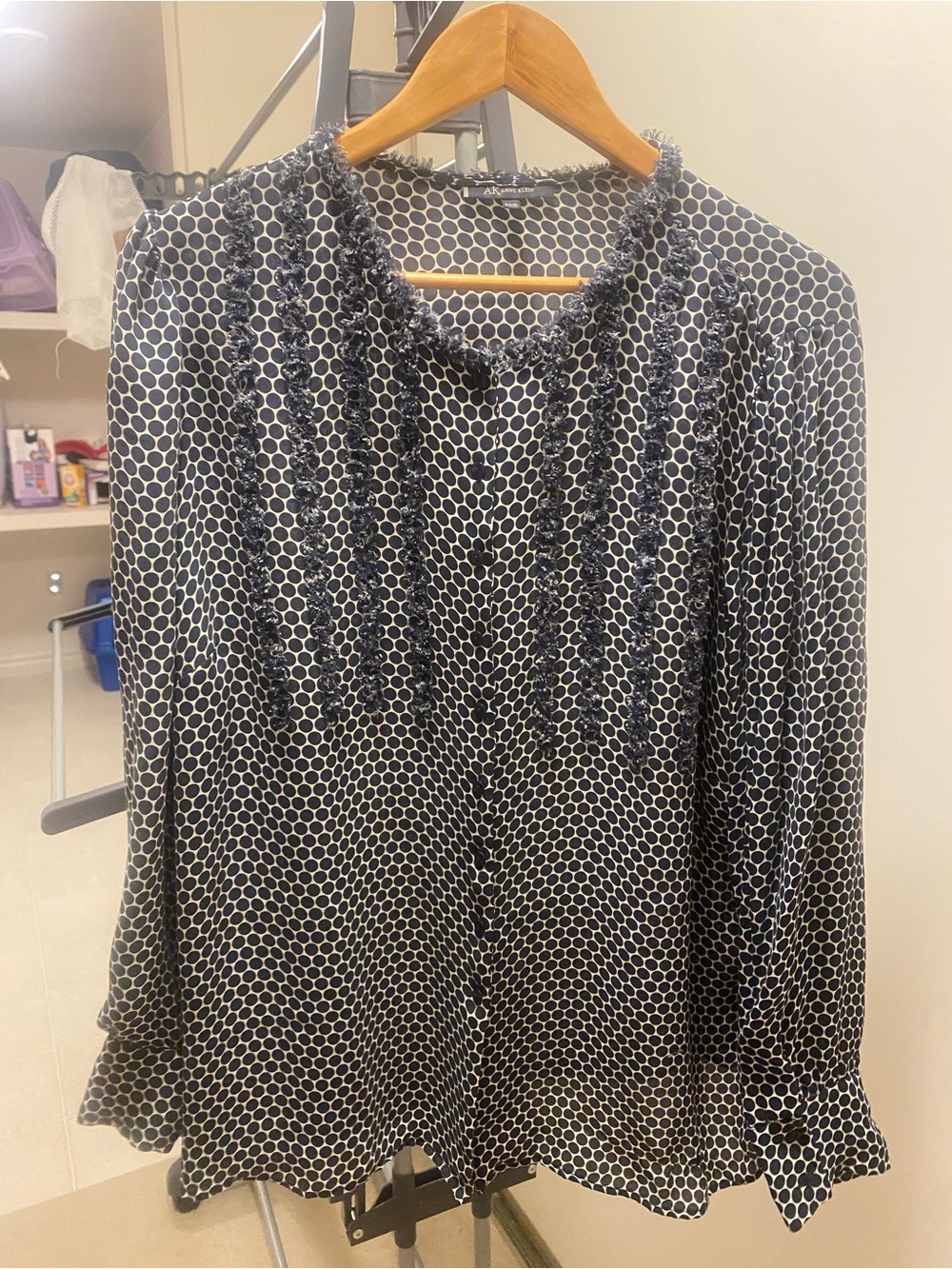 100% Silk Anne Klein Black and White Geometric Long-Sleeve Blouse